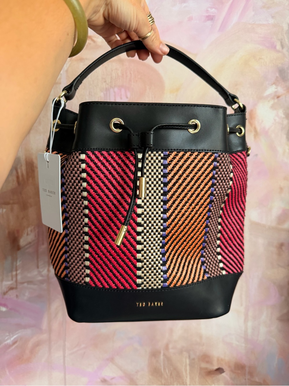 Ted Baker Multicolor Woven Bucket Bag with Black Trim